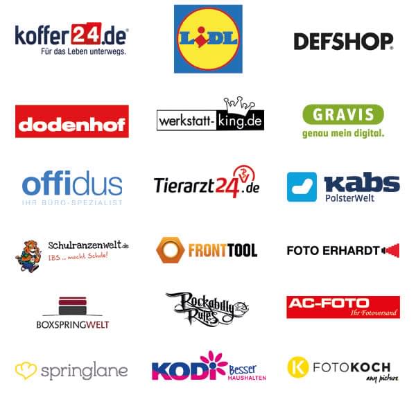 Our Customers: Koffer24.de, Lidl, Defshop, Dodenhof, Werkstatt-King.de, Gravis, Offidus, Tierarzt24.de, Kabs, Schulranzenwelt.de, FrontTool, Foto Erhardt, Boxspringwelt, Rockabilly Rules, AC-Foto, Springlane, Kodi, Fotokoch